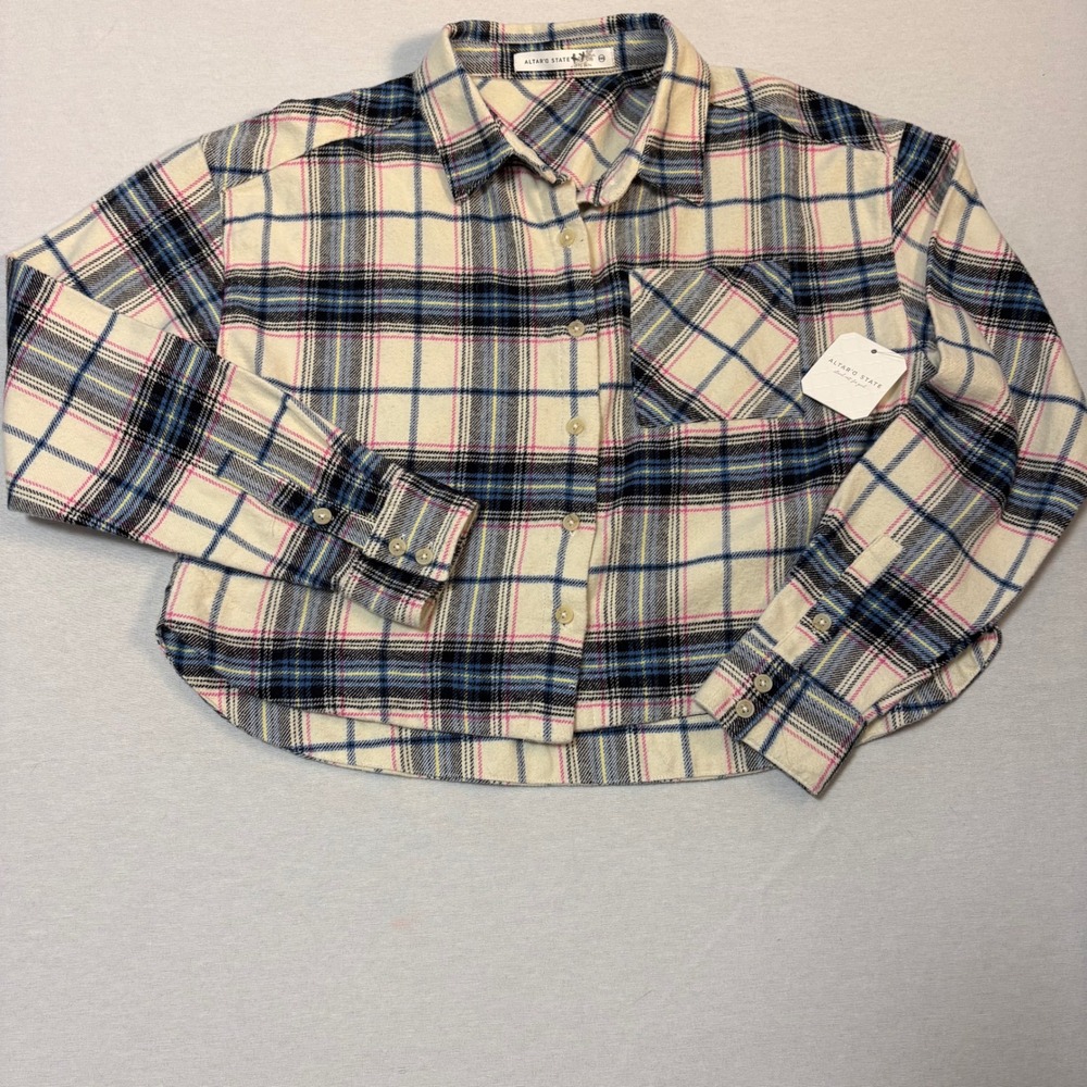 Altar'd State, Plaid Flannel Shirt, Cream Blue, XXS, NWT, $64.00